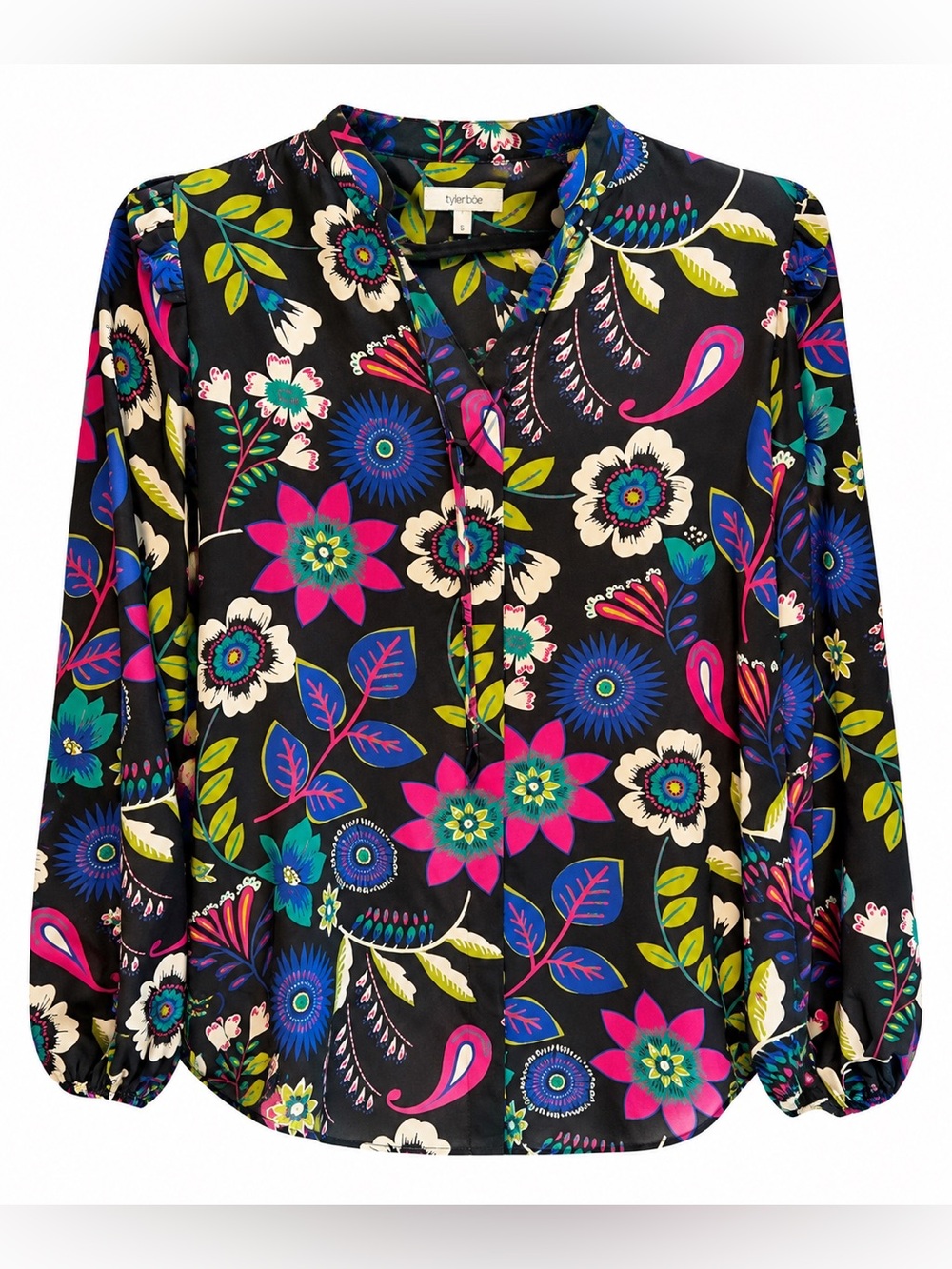 Tyler Böe 100% Silk Floral Blouse Black Pink Blue Size Small Ruffle Shoulder
